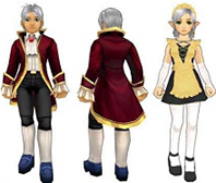 Character outfit designs exclusive to Bright Kingdom, shown from front and back views.